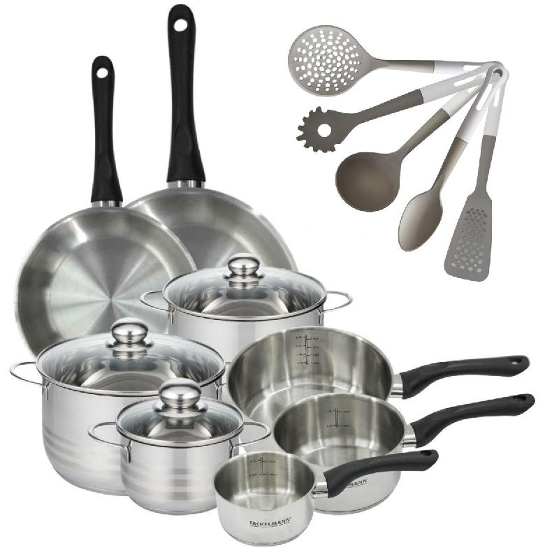 Batterie cuisine 2 poêles 24/28 cm 3 faitouts 16/20/24 cm 3 casseroles 12/16/20 cm 5 ustensiles Fackelmann Geneva - gris inox 3176239922080_0