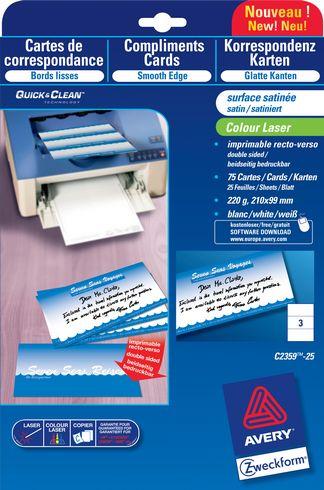 CARTE DE CORRESPONDANCE AVERY QUICK AND CLEAN FORMAT 210 X 99 MM - 220 GR - BLANCHE - POCHETTE DE 75