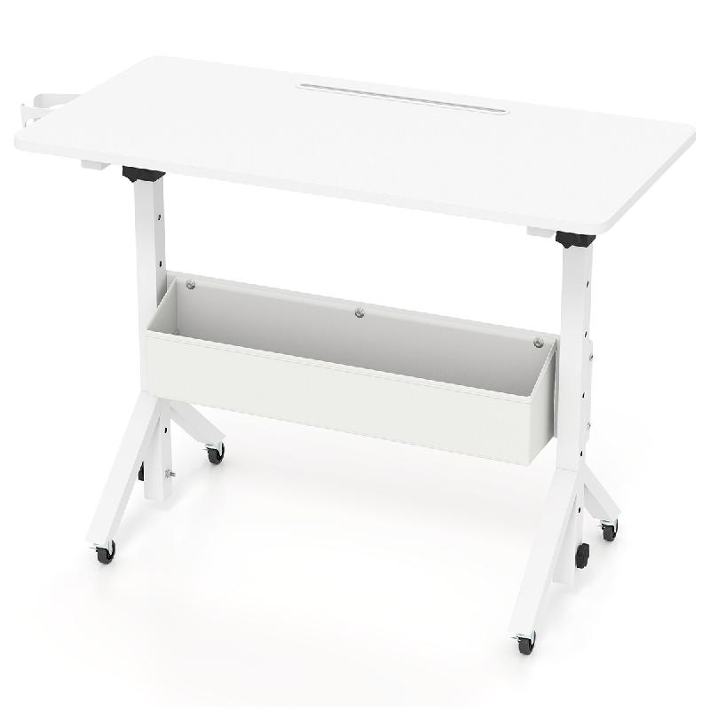 COSTWAY Pupitre Réglable 70-117cm, avec Roues et Panier, Rainure Tablette et Porte-Gobelet, pour Portable - blanc Bois manufacturé ON33407IT_0