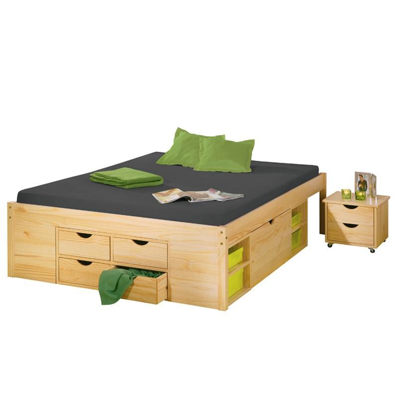 Lit multi-rangements Clark 140x200cm en pin massif naturel - 2 sommiers inclus - Paris Prix_0