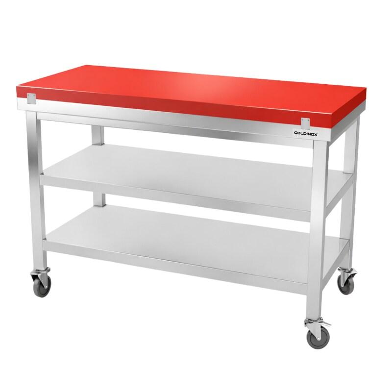 Table de travail en inox 1500x700 mm avec plaque de découpe rouge et 2 étagères sur roulettes PREMIUM - GOLDINOX - gris inox 3701770840168_0