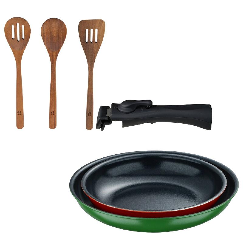 BERGNER - Ensemble de 2 poêles Ø22/26 cm en aluminium embouti avec poignée amovible et ensemble de 3 ustensiles de cuisine en acacia - PK9631_0
