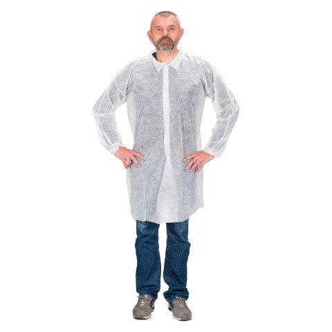 BLOUSES JETABLE EN POLYPROPYLÈNE BLANCHE, FERMETURE BOUTONS PRESSION, HOMME, XL - LOT DE 50