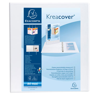 CLASSEUR PERSONNALISABLE EXACOMPTA KREACOVER 2 FACES - 4 ANNEAUX DIAM.50 MM EN D - POLYPROPYLENE BLANC