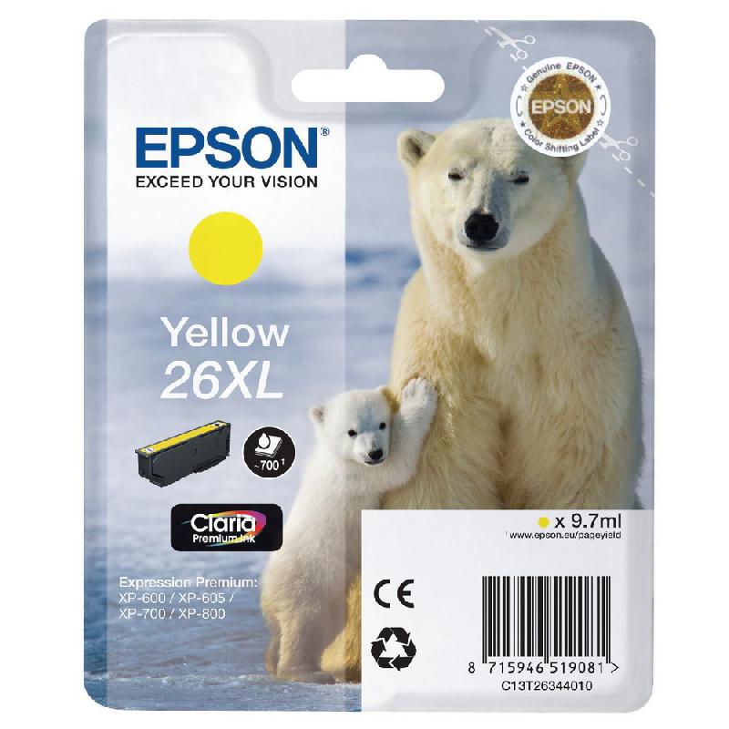 EPSON 26XL 'OURS POLAIRE' CARTOUCHE D'ENCRE ORIGINALE GRANDE CAPACITÉ CLARIA PREMIUM (C13T26344012) - JAUNE
