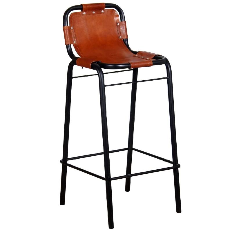 Lot de deux tabourets de bar - design industriel en cuir véritable marron et acier - 1202051_0