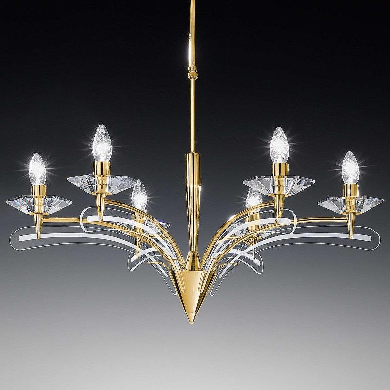 METALLUX LUSTRE ICARO À 6 LAMPES,AV. VERRE CRISTAL, DORÉ