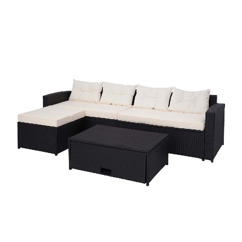 Mendler Poly-Rattan Garniture HWC-J34, Balcon-/Jardin-/Lounge-Set Canapé, compartiment de rangement ~ noir, coussin crème-beige - noir plastique 770_0