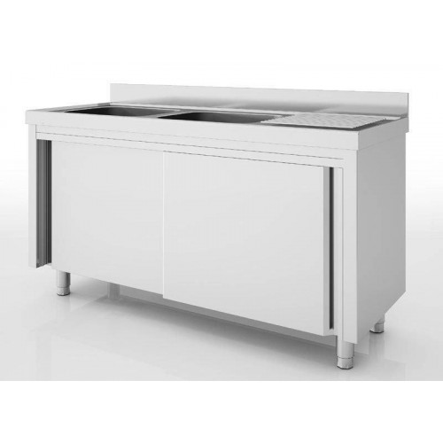 MEUBLE PLONGE INOX 2 BACS + 1 ÉGOUTTOIR À DROITE - 600 X 1600 MM