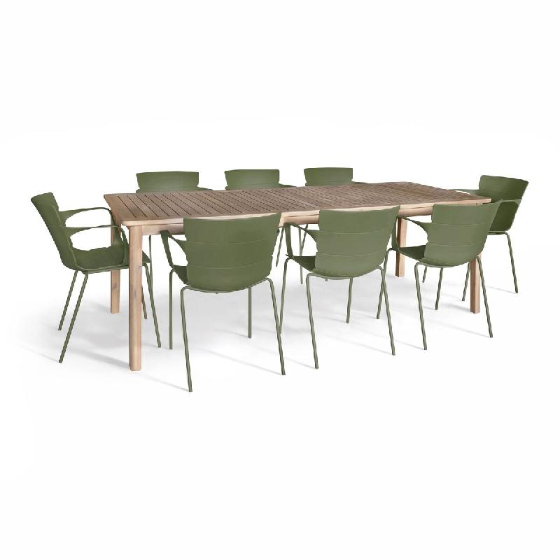 Now's Home - Salon De Jardin Table En Bois D'acacia 220cm Et 8 Fauteuils En Polypropylene Vert Montauk - 3256390254791_0