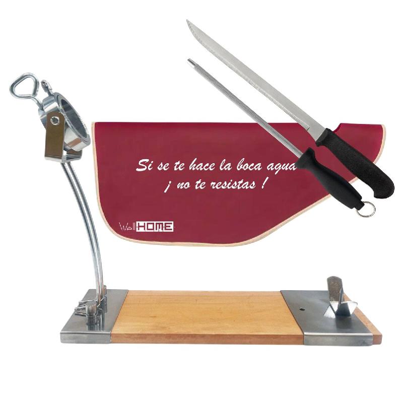 WellHome - Support à jambon IBERIA Luxe avec tête rotative en bois et acier inoxydable, housse pour jambon, couteau et fusil à aiguiser inclus - gr_0