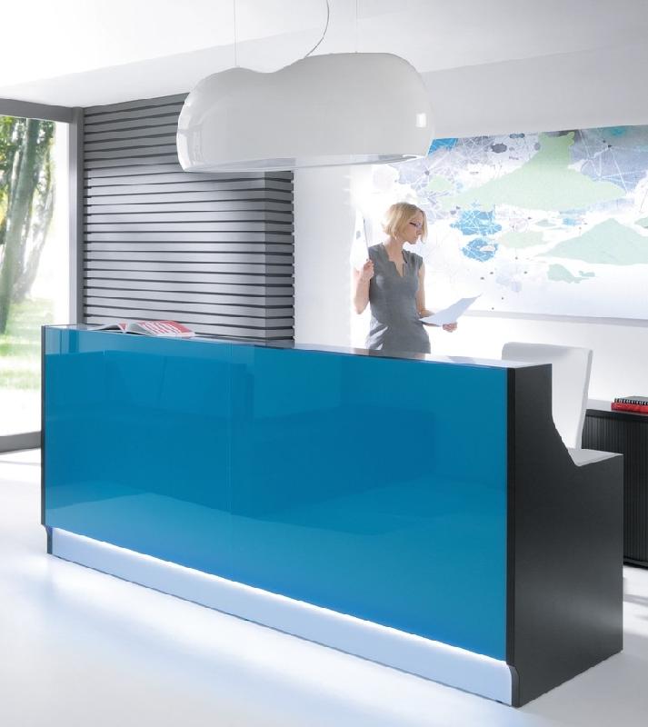 Banque d'accueil droite Linea façade Turquoise  - MDD - Support moniteur, Verre turquoise brillant_1