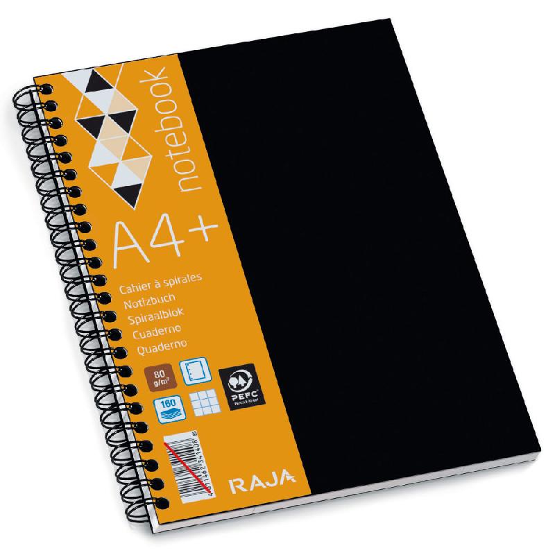 CAHIER A SPIRALES RAJA - 23 X 29,7 CM - 160 PAGES 80G - COUVERTURE POLYPRO NOIR - PETITS CARREAUX 5X5 MM