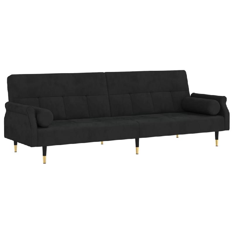 Canapé-lit velours noir avec coussins - 216 x 89 x 70 cm - Dossier réglable - Pieds en métal - 02_0019827_0