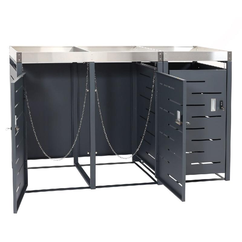 Décoshop26 - Cache poubelles triple 3 bacs 80 à 120l avec bac à plantes inox et acier galvanisé 110x175x62 cm 04_0010366 - inox 3000268002065_0