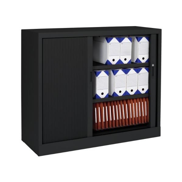 Armoire basse à rideaux - Corps noir - 3 étagères 50 kg - Compacte et silencieuse_0