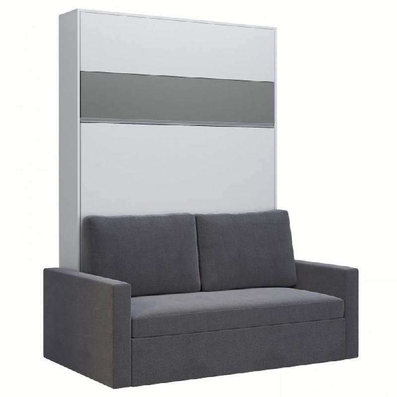 ARMOIRE LIT ESCAMOTABLE DJUKE SOFA BLANC BANDEAU GRIS MAT CANAPÉ GRIS 140*200 CM_0