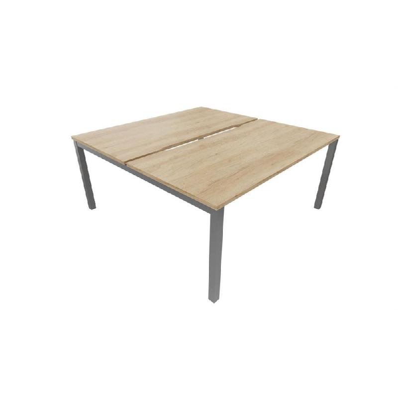 BUREAU BENCH 2 POSTES BUROCOLOR DEPART L.140 X P.163 CM PLATEAUX ECHANCRES CHENE NEBRASKA PIEDS METAL ALUMINIUM