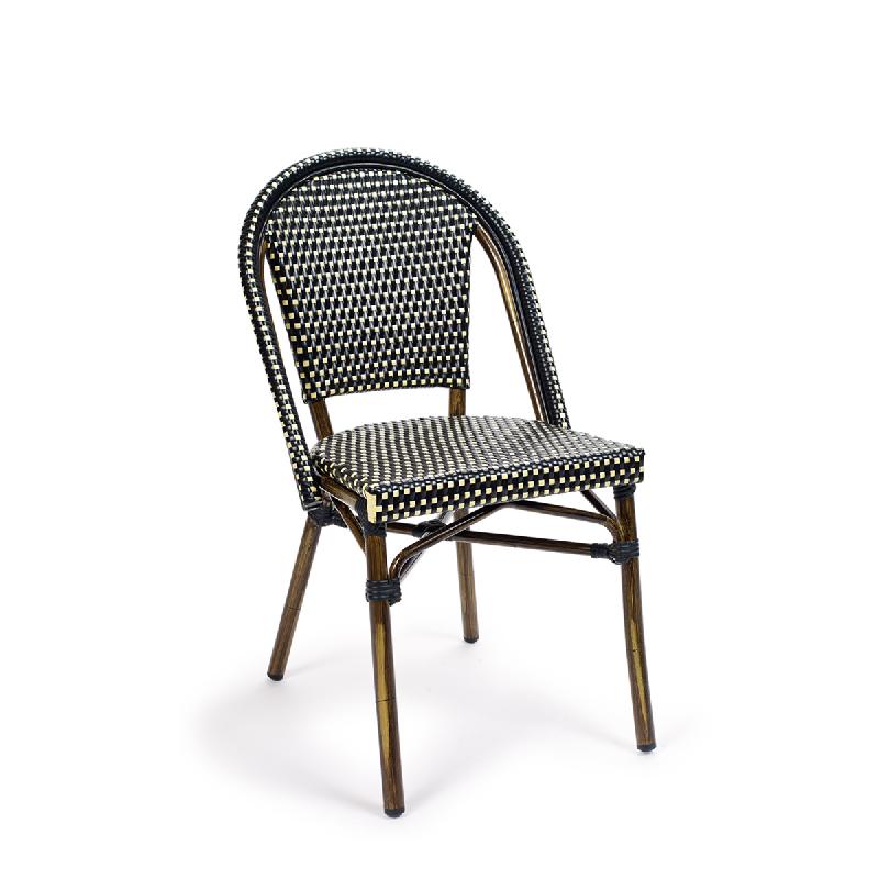 Chaise de terrasse Paris - tressage noir et crème - aluminium couleur noyer - empilable et légère_0