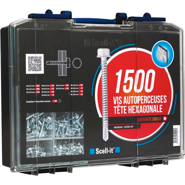 COFFRET 1500 VIS AUTOPERCEUSES TÊTE HEXAGONALE AVEC COLLERETTE CRANTÉE THT ET RONDELLES