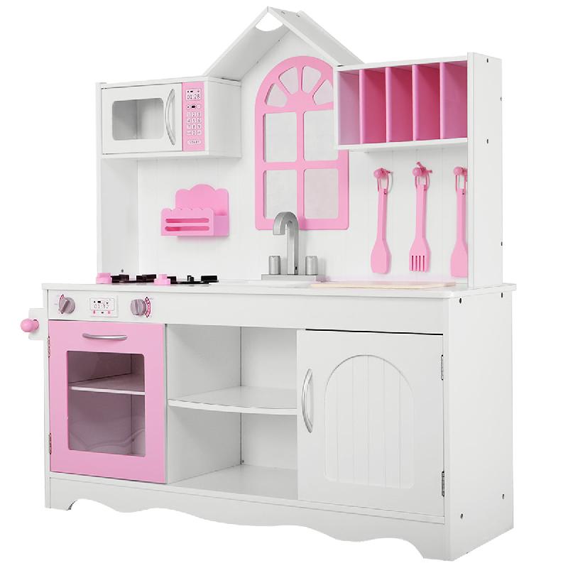 CUISINE ENFANTS DINETTE EN BOIS AVEC EVIER, FOUR MICRO-ONDES CUISINIÈRES 3 SPATULES 109 X 32 X 106,5 CM ROSE 20_0006457_0