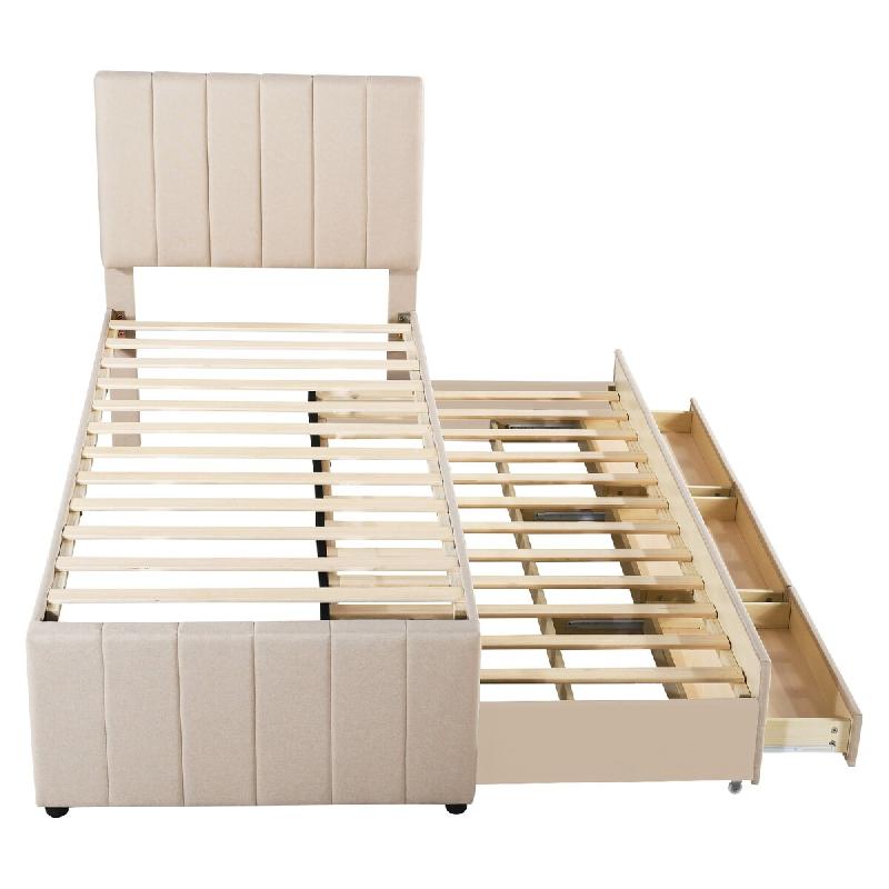 Merax Lit rembourré 90 x 200 cm avec lit gigogne et tiroirs de rangement, revêtement en lin doux pour la peau, lit simple plat, lit d'appoint beige_0