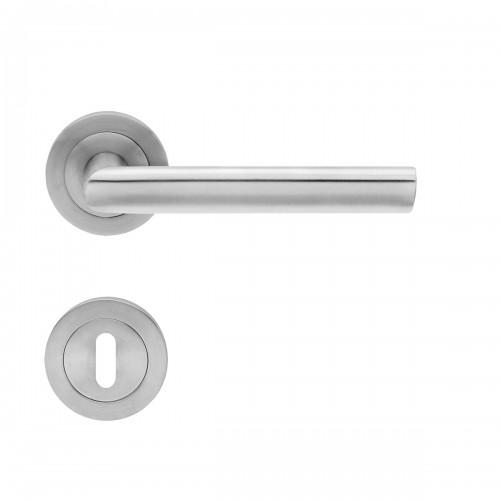 POIGNÉES DE PORTE SUR ROSACES RONDES SÉRIE ER 29 CHYPRE - INOX SATINÉ - CLÉ L KARCHER DESIGN