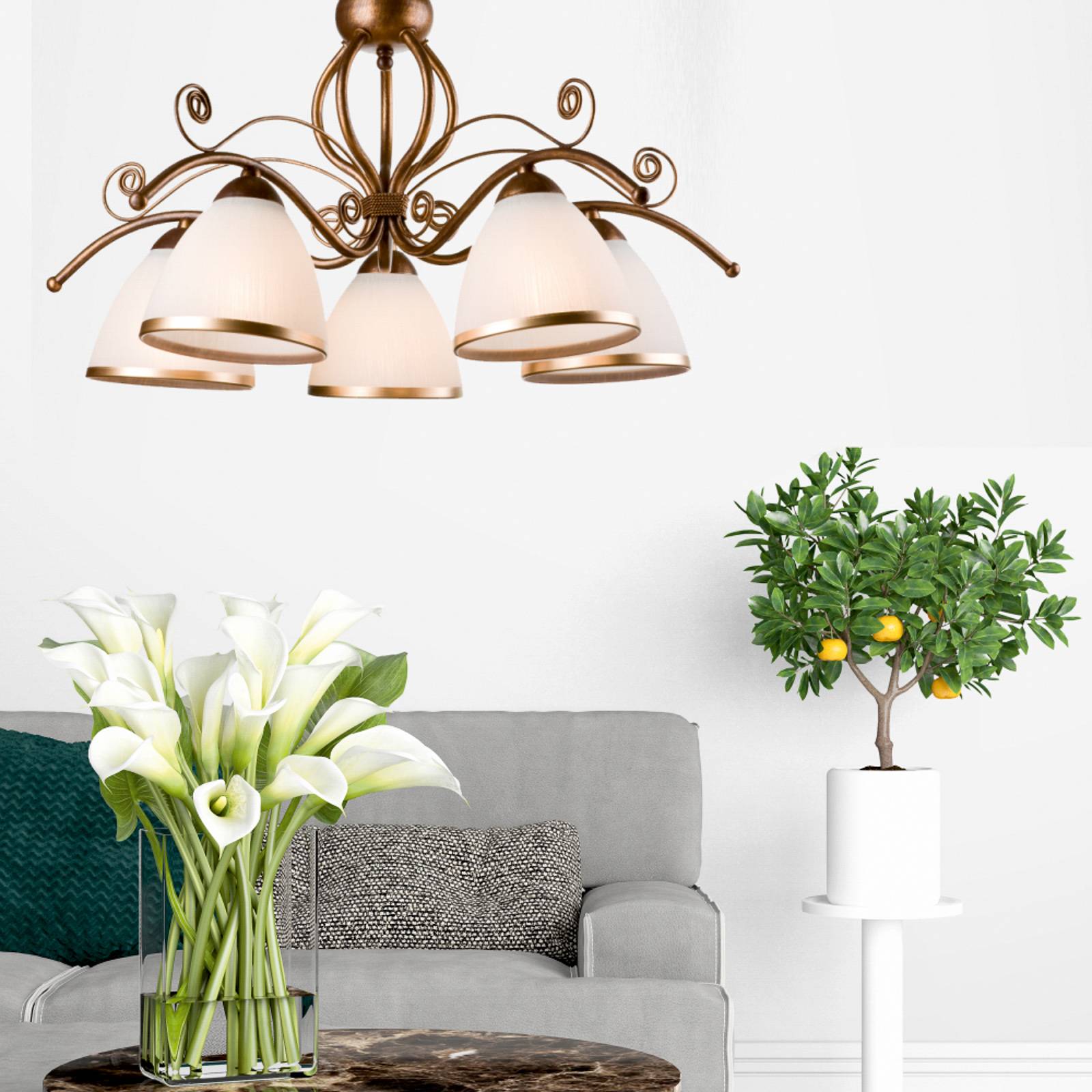 LAMKUR SUSPENSION ROMA EN BLANC ET MARRON, À 5 LAMPES