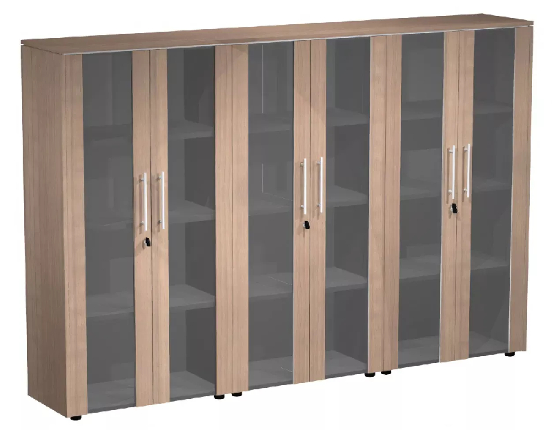 Armoire 6 portes en verre fumé à serrure - 9 étagères - L. 243 x P. 43 x H. 158 cm So Flora - Noyer Naturel_0