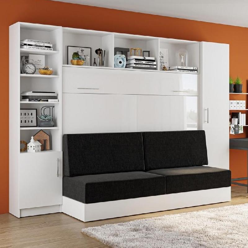 Lit escamotable VERTIGO SOFA blanc brillant - Canapé anthracite - Couchage 160x200 cm - Avec colonnes de rangement_0