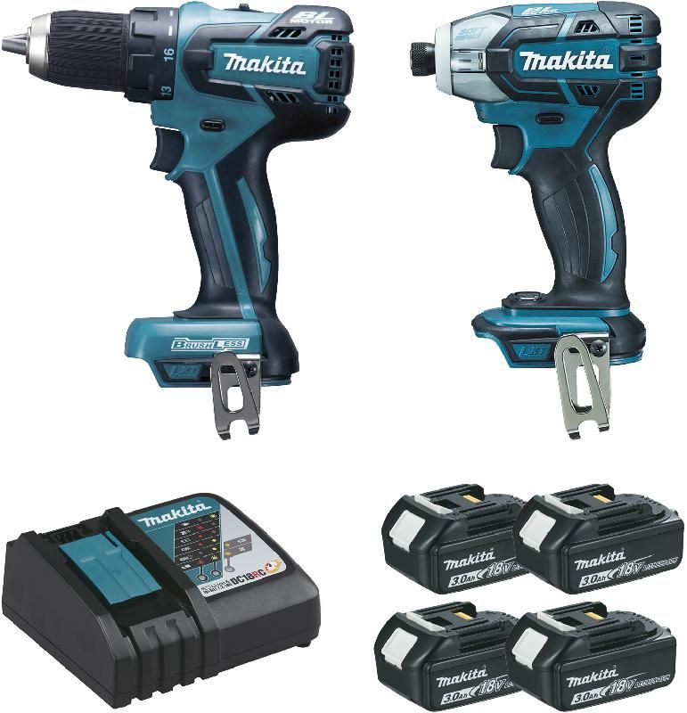 ENSEMBLE DE 2 MACHINES MAKITA PERCEUSE-VISSEUSE DDF459 + VISSEUSE OLÉOPNEUMATIQUE DTS141 + 4 BATTERIES 18V 3.0AH - LOT0093