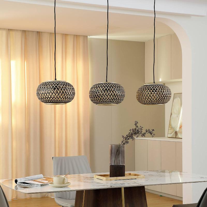 LINDBY SUSPENSION NERYS, 3 LAMPES, NOIR, BAMBOU, 1.120 CM