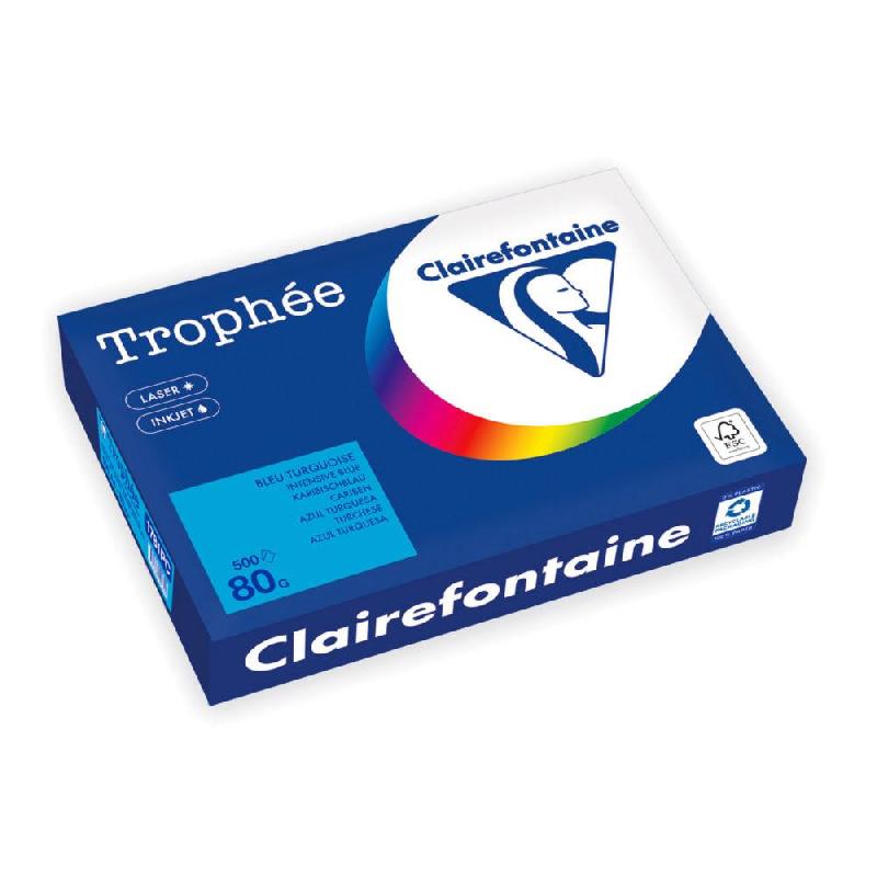 PAPIER COULEUR CLAIREFONTAINE A4 TROPHEE BLEU TURQUOISE 80G - RAMETTE DE 500 FEUILLES - LOT DE 5