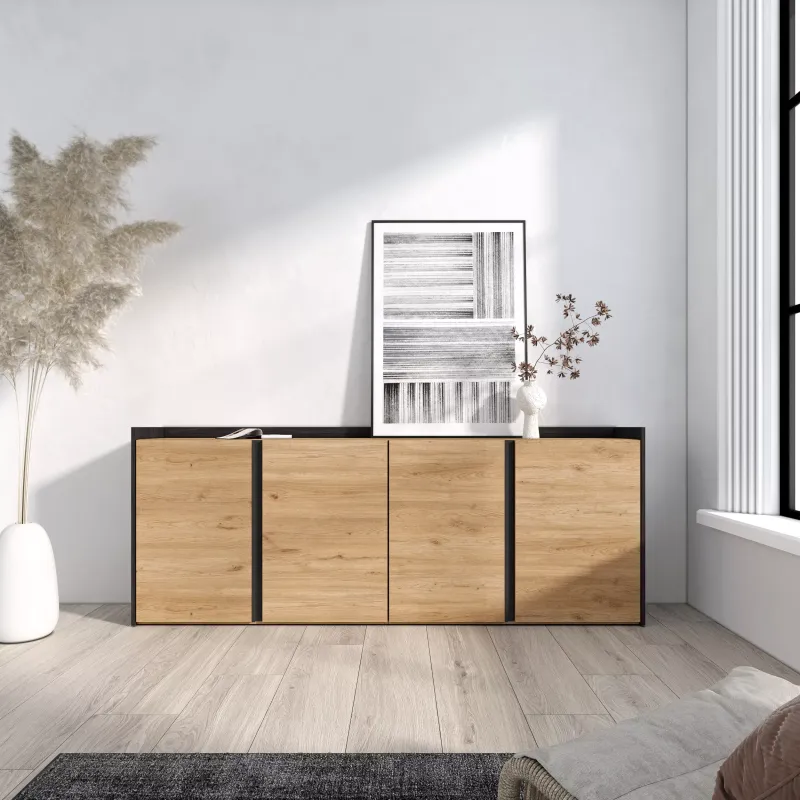 SKRAUT HOME - BUFFET SALON ET CUISINE, MEUBLE DE RANGEMENT, COMMODE, 207X35X80CM, 4 PORTES, MEUBLE à CHAUSSURES, CHêNE ET NOIR