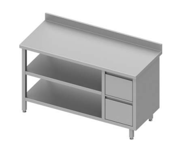 Table de travail inox adossée avec deux tiroirs  à droite et deux étagères 1300x800x900 - 930298130_0