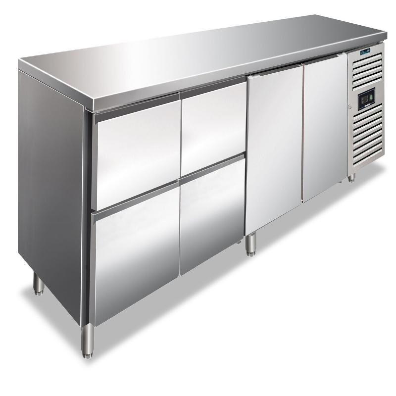 KLIMAITALIA Table frigo inox avec 4 tiroirs de 1/2 + 2 portes. Classe C. Dégivrage auto. T° -2°C/+8°C. Dim. LxSx H 223x70x86 cm. CXF4140TN - 4563_0
