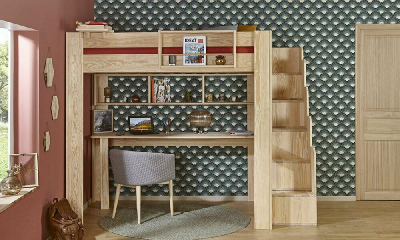 LIT MEZZANINE ESCALIER AVEC BUREAU PAROS  BOIS NATUREL 90X190 CM