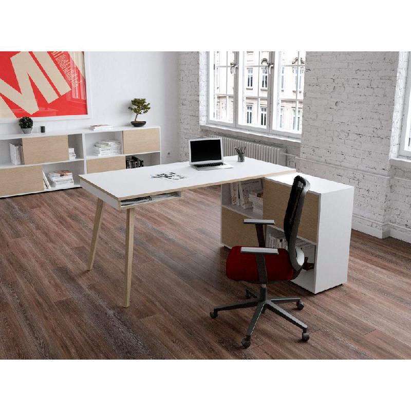 PACK HALDEN - 1 BUREAU DROIT - PIEDS BLANCS - BOIS CHENE - 1 MEUBLE DE RANGEMENT - 4 CASES BLANC/CHENE - L. 160 X P. 160 X H. 81-5 CM