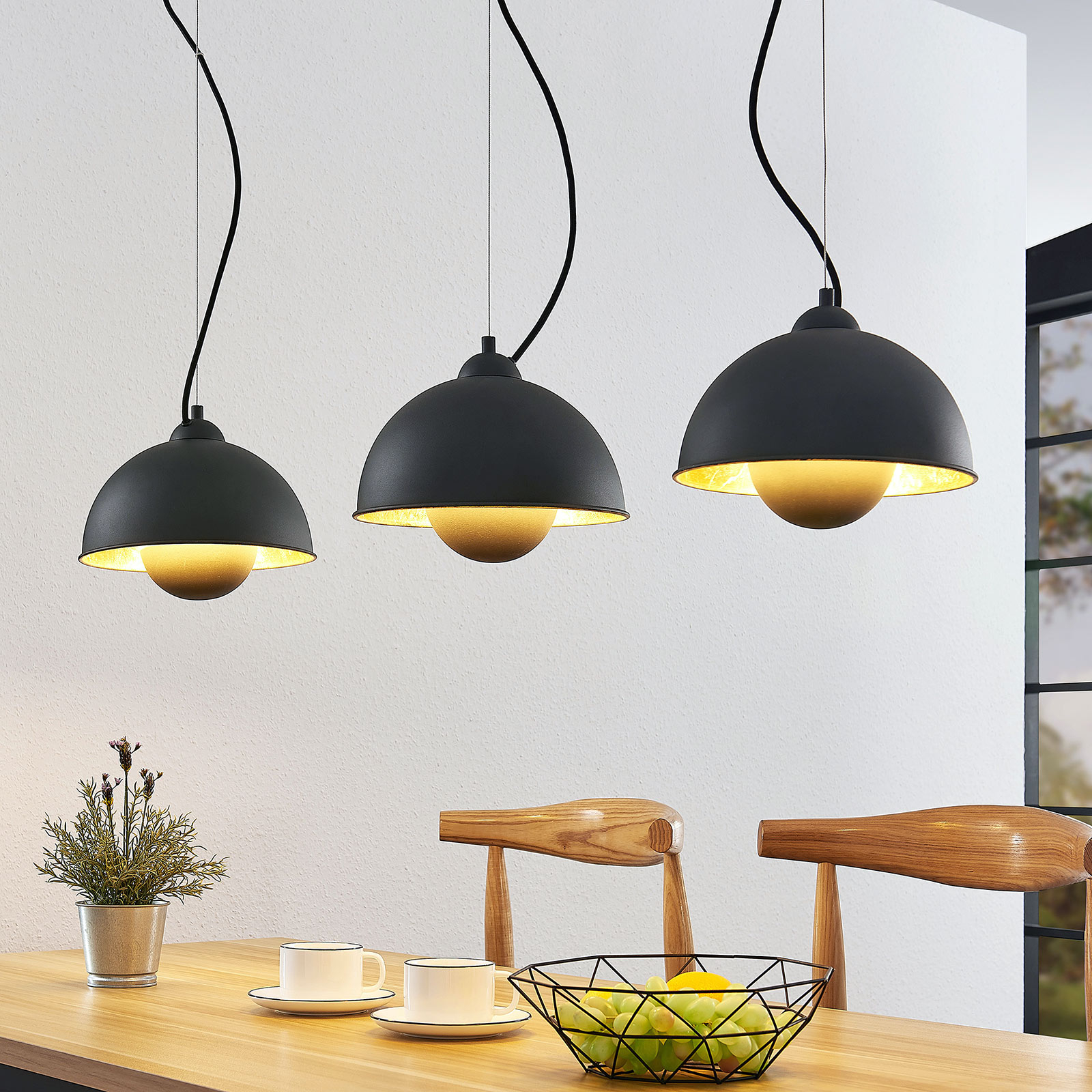 LINDBY SUSPENSION GRETJA À 3 LAMPES, NOIR-DORÉ