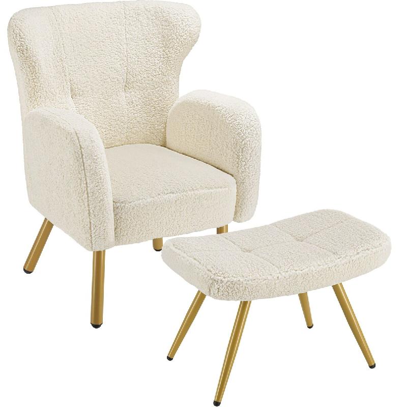 TecTake GmbH tectake Fauteuil avec repose-pieds, VÄNERSBORG, bouclé, rembourrage épais, dossier haut, style scandinave, Bouclé crème/or - multico_0