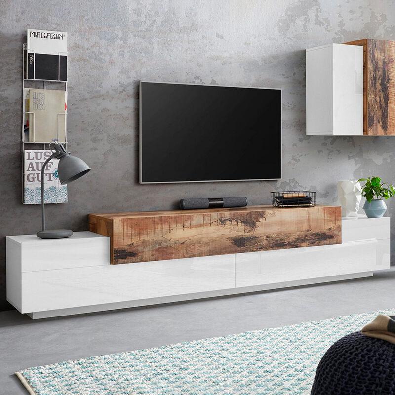 MEUBLE TV MODERNE 240CM 4 PLACARDS 3 PORTES BLANC BOIS CORONA LOW MAPLE
