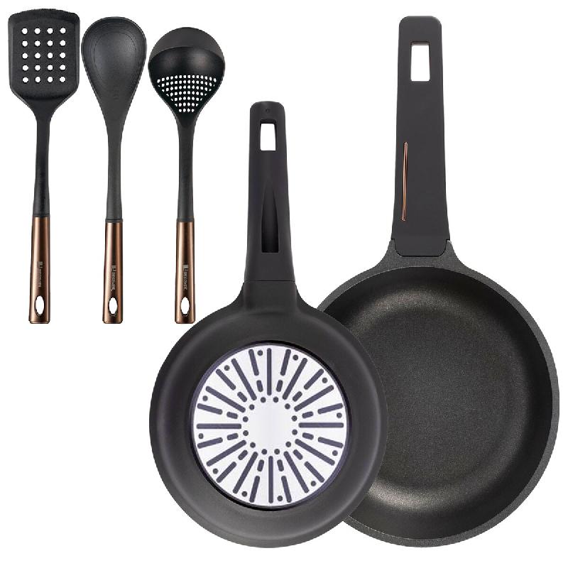 BERGNER - Jeu de Poêles Ø20/24 cm en Aluminium Coulé Compatible Induction avec Jeu de 3 Ustensiles de Cuisine en PBT noir et cuivre - PK9567_0