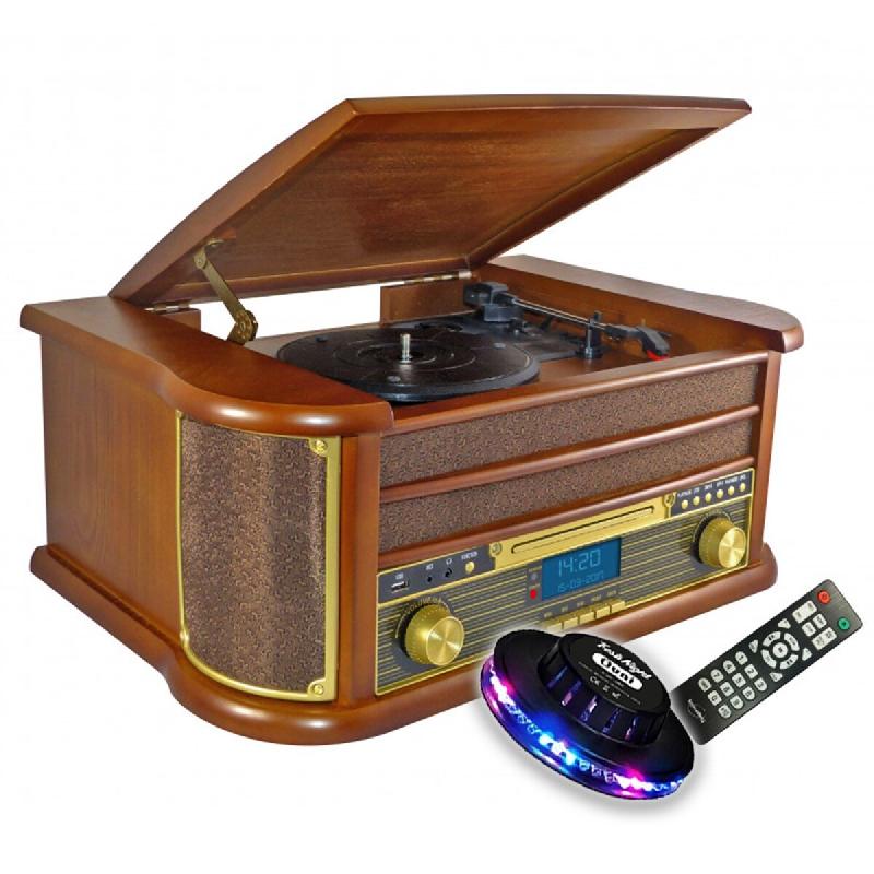 Chaîne Hifi INOVALLEY RETRO29-E vinyle style rétro Bluetooth, CD, K7 Audio, FM, USB + télécommande, Jeu de lumière OVNI LED - 3701123949838_0