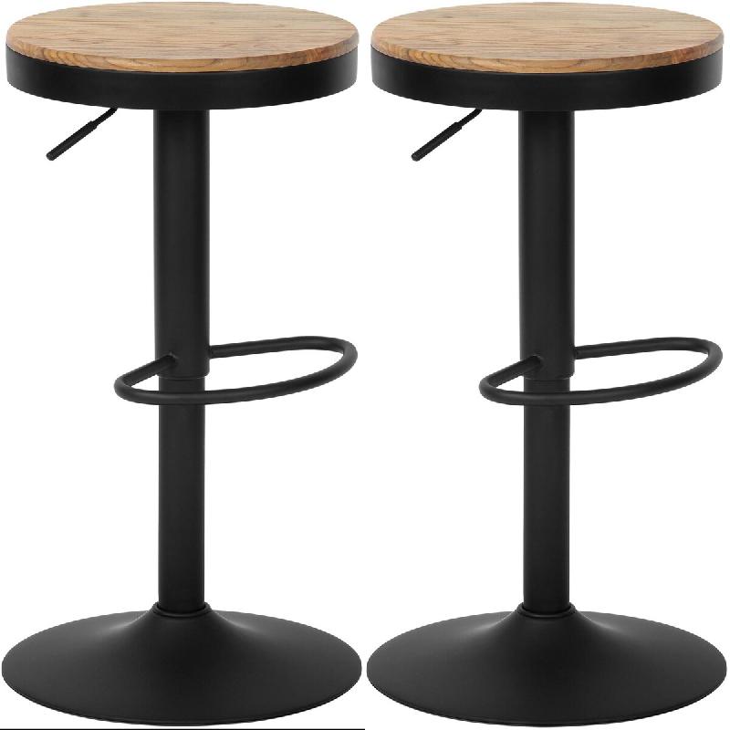 Décoshop26 - Lot de 2 tabourets de bar style industriel – Assise en bois et pied métal noir réglable et pivotant 10_0006776 - noir métal 3000265756855_0