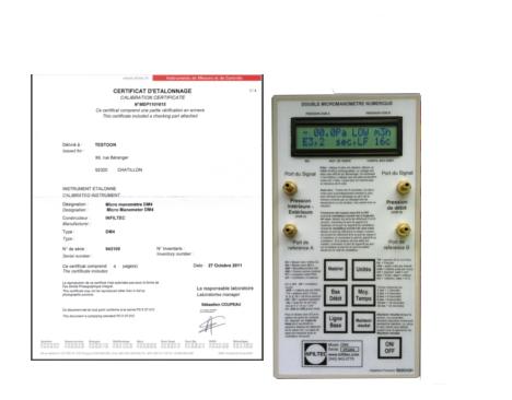 CERTIFICAT D'ÉTALONNAGE POUR MANOMÈTRE INFILTEC DM4, CONFORME FD P50-784, PORTS A/R I - SERETADM4-2016