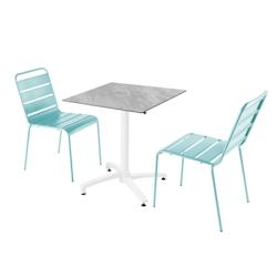 Oviala Business Ensemble table de terrasse stratifié marbre avec 2 chaises turquoise - bleu métal 110787_0