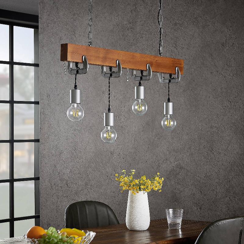 LINDBY ASYA SUSPENSION, À 4 LAMPES, BOIS, CHROMÉE