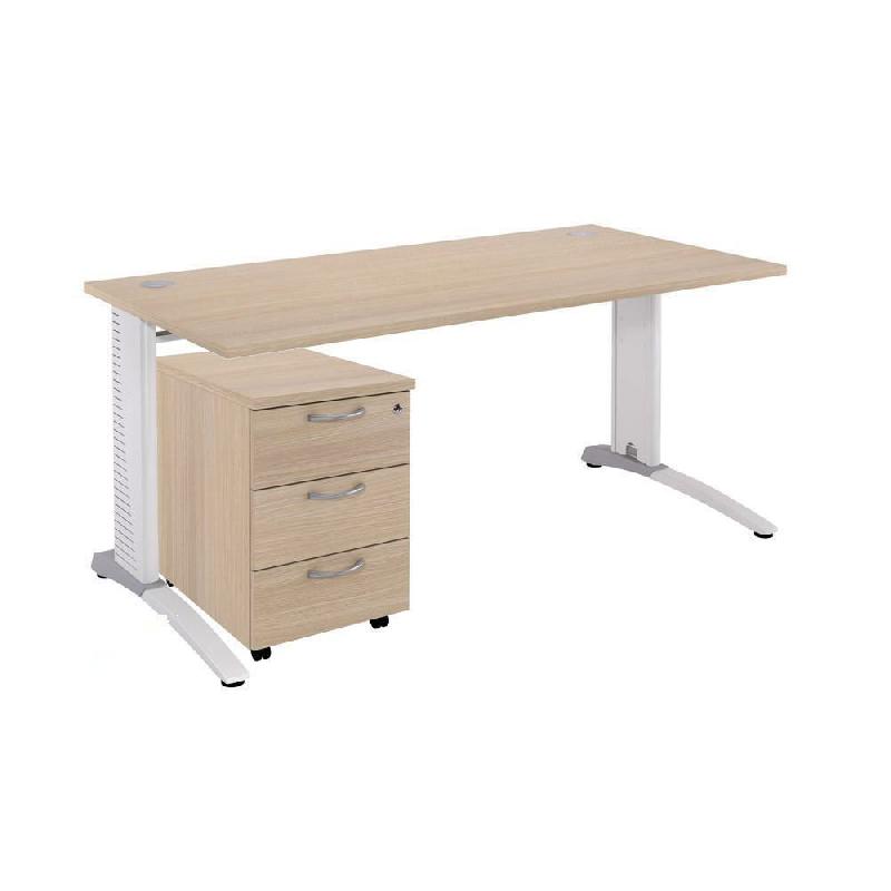 PACK BIOSPACE 2 - 1 BUREAU DROIT CHENE PIEDS BLANCS EMBASE ALUMINIUM - L. 140 X P. 80 X H. 72 CM - 1 CAISSON MOBILE 3 TIROIRS CHENE