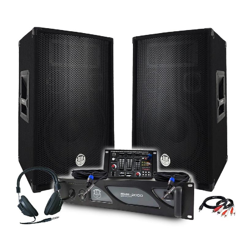 Pack Sono DJ BM SONIC Amplificateur 2000W, Paire d'Enceintes Passives 2x600W, Table de Mixage, Casque DJ, Câbles et Micro - 3666638039224_0