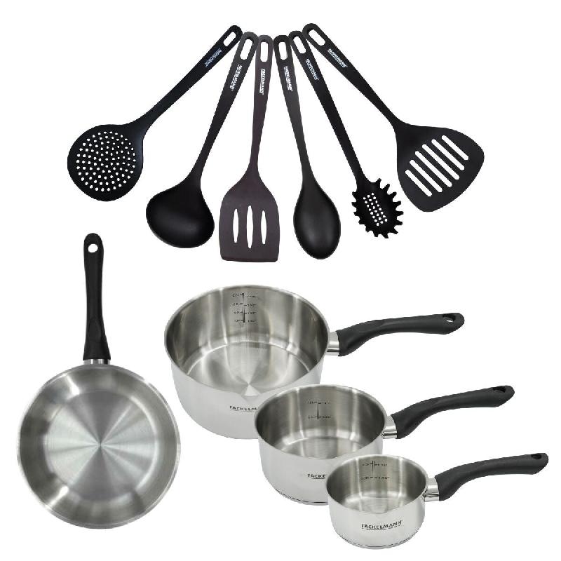 Set 1 poêle 20 cm 3 casseroles 12 16 et 20 cm en inox et 6 ustensiles Fackelmann Geneva - gris inox 3176239944426_0